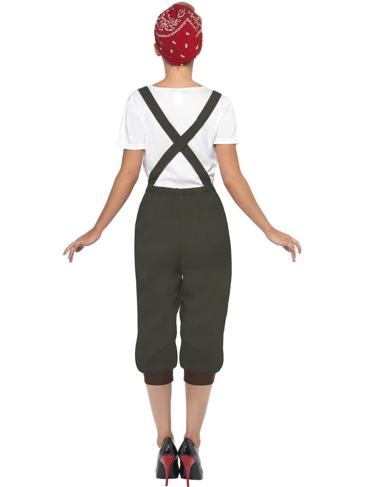 WW2 Land Girl Costume Adult Olive Dungarees White Top Red Scarf 3