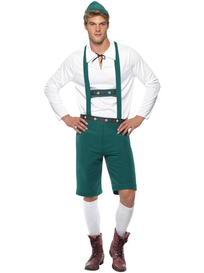 Oktoberfest Costume Adult Green Lederhosen Shorts With Braces White Top and Hat 4