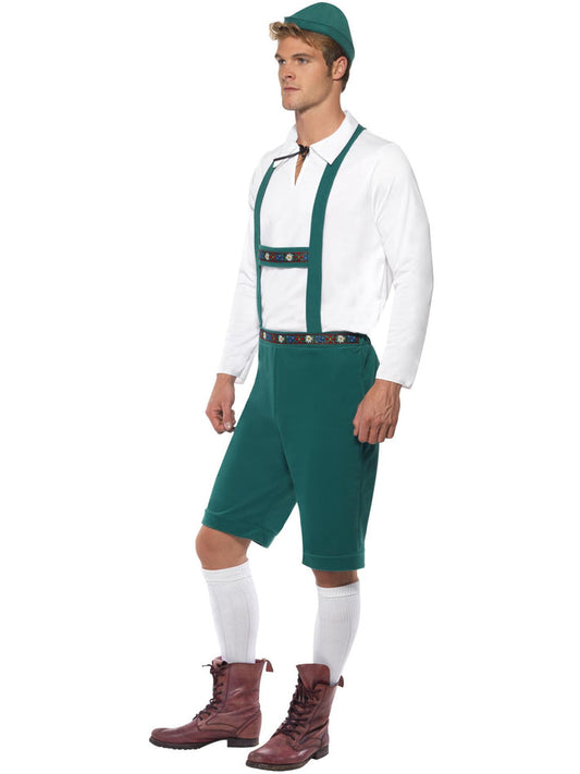 Oktoberfest Costume Adult Green Lederhosen Shorts With Braces White Top and Hat 2