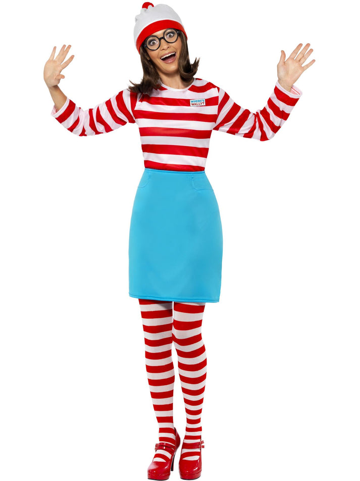 Wheres Wally? Wenda Costume Red and White Top Blue Skirt Glasses Tights and Hat 1