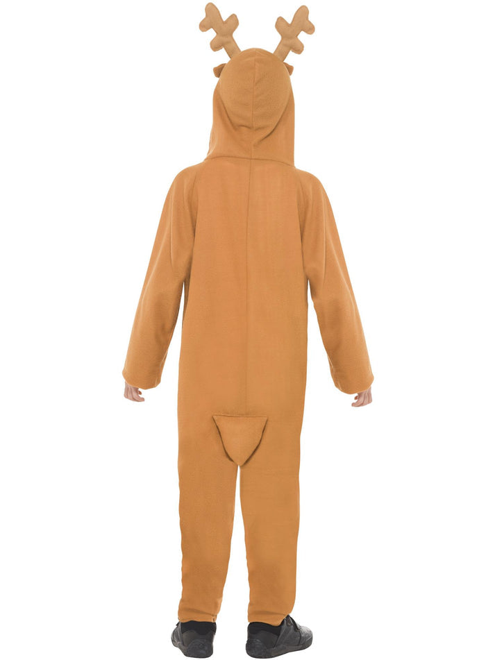 Kids Reindeer Costume Brown Hooded Jumpsuit with Antlers and Red Nose 3