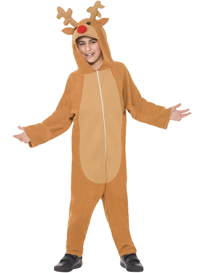 Kids Reindeer Costume Brown Hooded Jumpsuit with Antlers and Red Nose 1