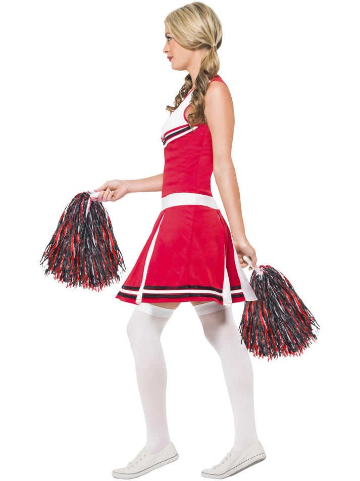 Cheerleader Costume Adult Red White Dress Black Red Pom Poms 2