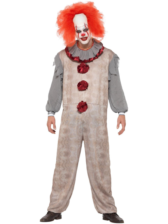 Vintage Clown Costume Adult Grey Red Jumpsuit and Neck Ruffle 4