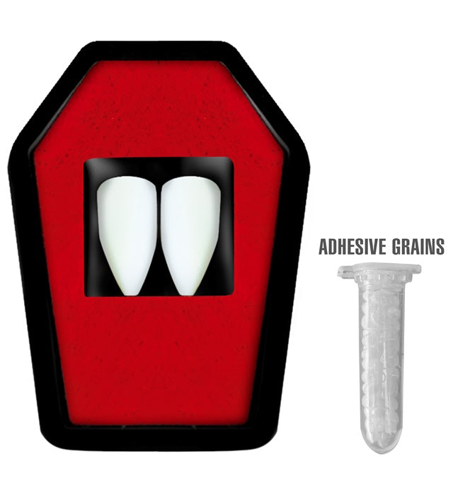 Professional Vampire Fangs Kit  2 Fangs In Coffin Tray, Thermoplastic Adhesive Grains 1,4 G 