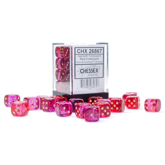 Chessex Dice Set – 12mm Gemini: Translucent Red-Violet/Gold Dice Block – Dungeons and Dragons D&D DND TTRPG Dice – Includes 36 Dice – D6 2