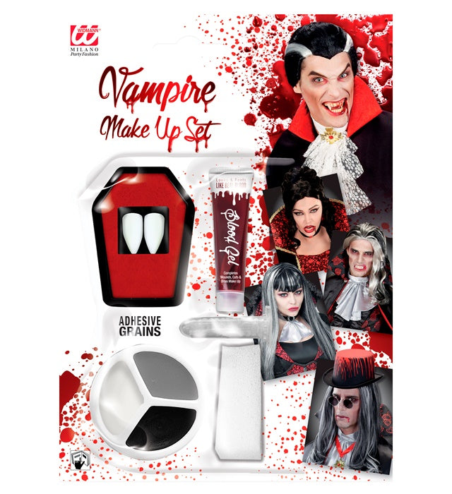 Vampire Make-Up Set  2 Fangs In Coffin Tray, Thermoplastic Adhesive Grains 1,4 G, Blood Gel 3 Ml, 3 Colours Make Up 4,5 Ml, Sponge 