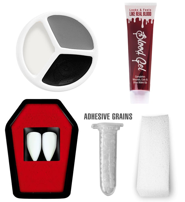 Vampire Make-Up Set  2 Fangs In Coffin Tray, Thermoplastic Adhesive Grains 1,4 G, Blood Gel 3 Ml, 3 Colours Make Up 4,5 Ml, Sponge 