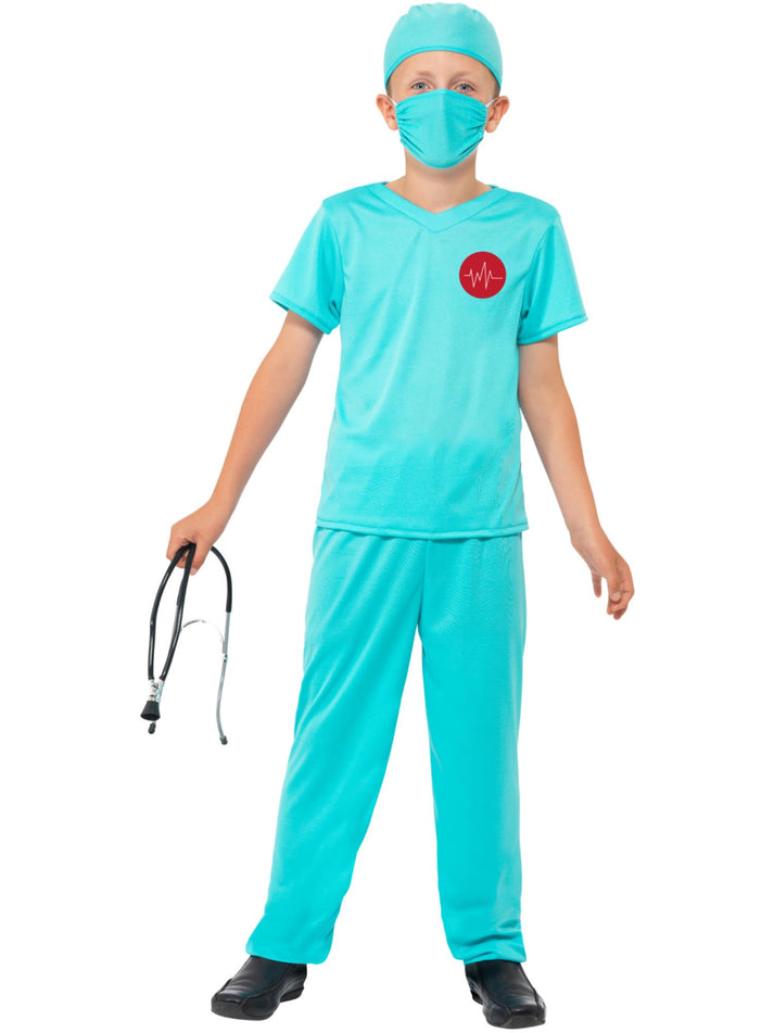 Surgeon Costume Kids Blue with Top Trousers Hat Mask and Stethoscope 1
