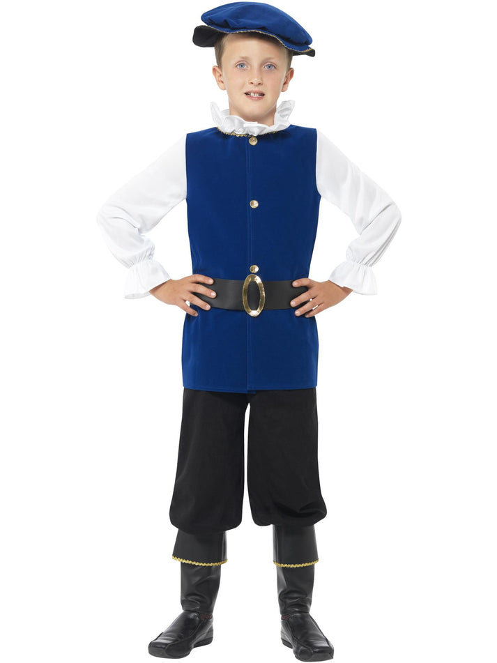 Tudor Boy Costume Royal Blue Top Black Trousers with Boot Covers Belt and Hat 1