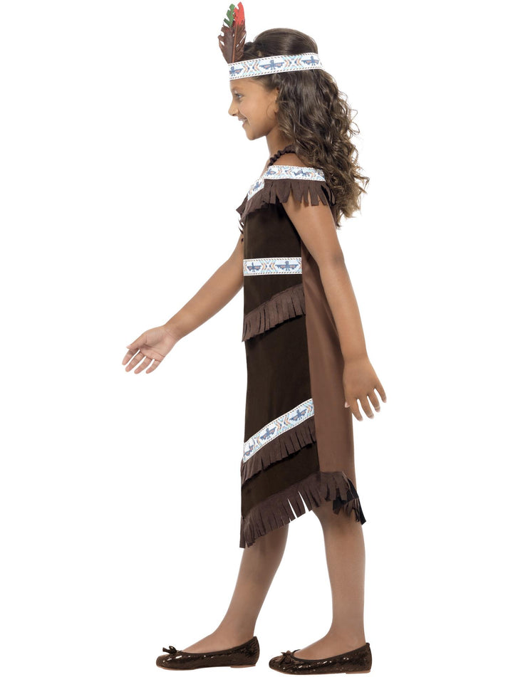 Native American Inspired Girl Costume Kids Brown Fringed Dress and Feather Headband 2