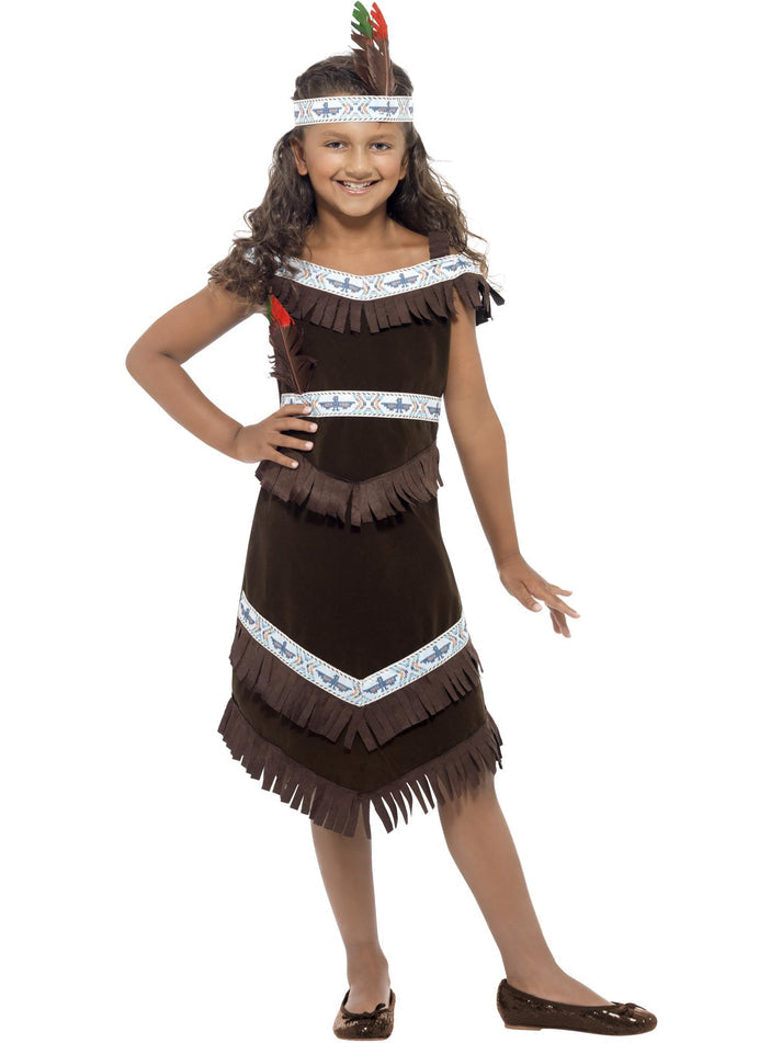 Native American Inspired Girl Costume Kids Brown Fringed Dress and Feather Headband 1