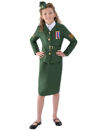 WW2 Army Girl Costume Kids Khaki Green Jacket Skirt Hat 2
