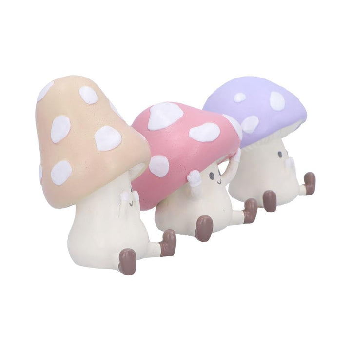 Three Wise Multicoloured Toadstool Figurines in See no Hear Speak evil poses Toadstools 8.5cm