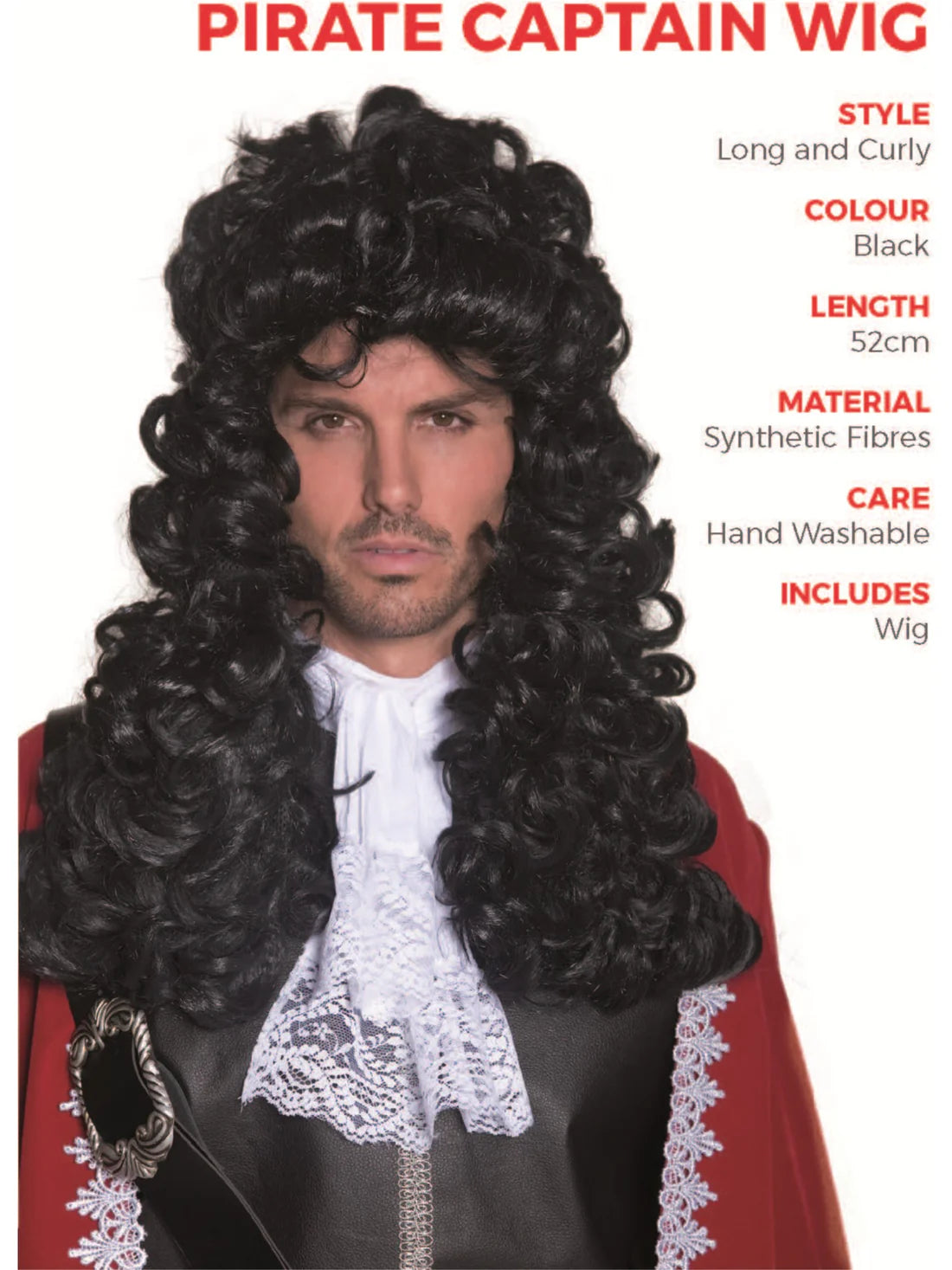 Pirate Captain Wig Adult Black Long Curly Captain Hook Costume Hair 2