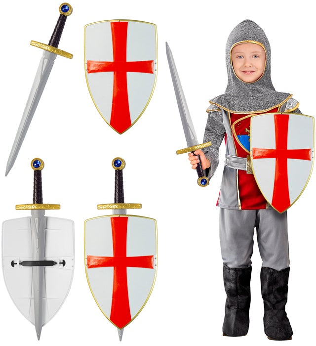 White Crusader Shield & Sword Sword 49 Cm, Shield 19 Cm