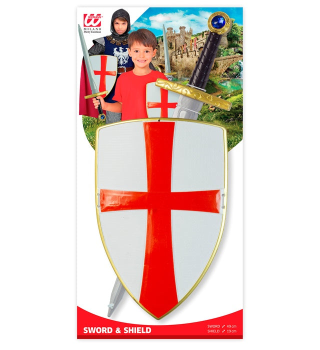 White Crusader Shield & Sword Sword 49 Cm, Shield 19 Cm