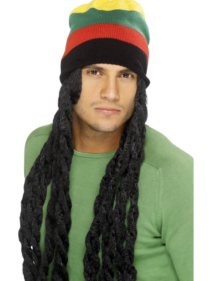 Rasta Hat With Long Black Dreadlocks Adult Caribbean Costume Accessory