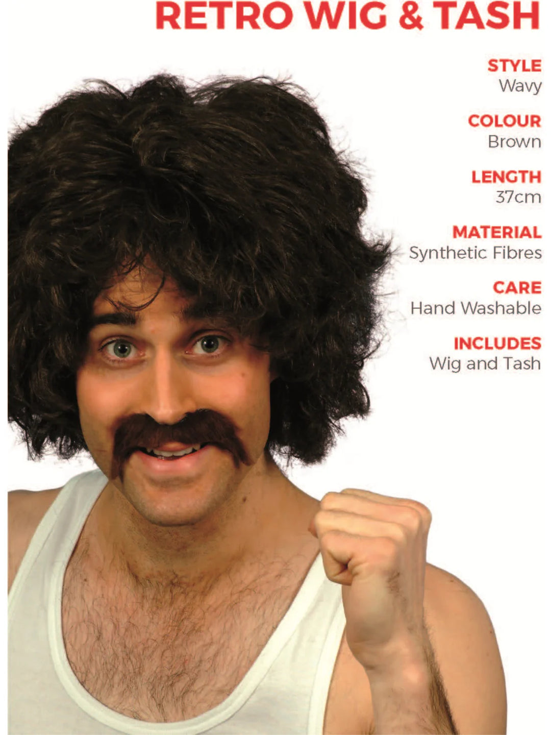 80s Retro Wig and Tash Set Adult Brown Instant 118 Costume Hair