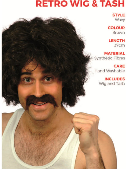 80s Retro Wig and Tash Set Adult Brown Instant 118 Costume Hair 3