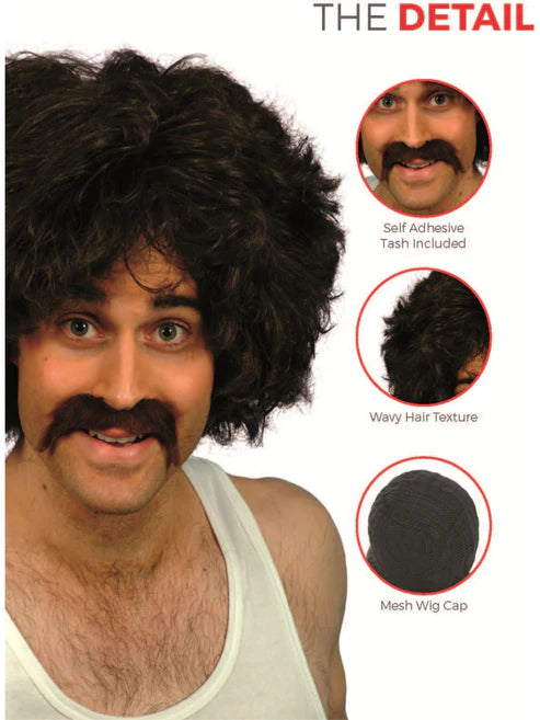 80s Retro Wig and Tash Set Adult Brown Instant 118 Costume Hair