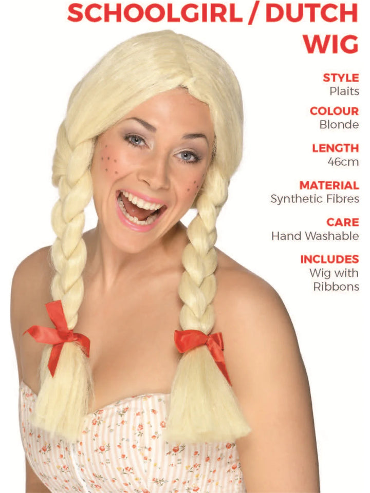 Schoolgirl Dutch Wig Blonde Plaits with Red Ribbons