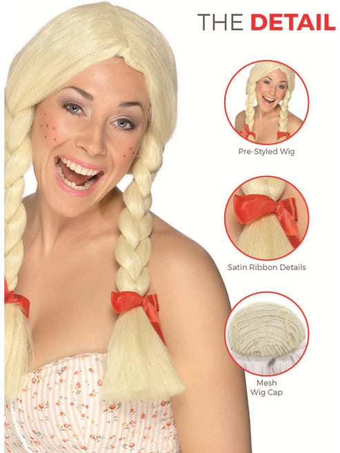 Schoolgirl Dutch Wig Blonde Plaits with Red Ribbons