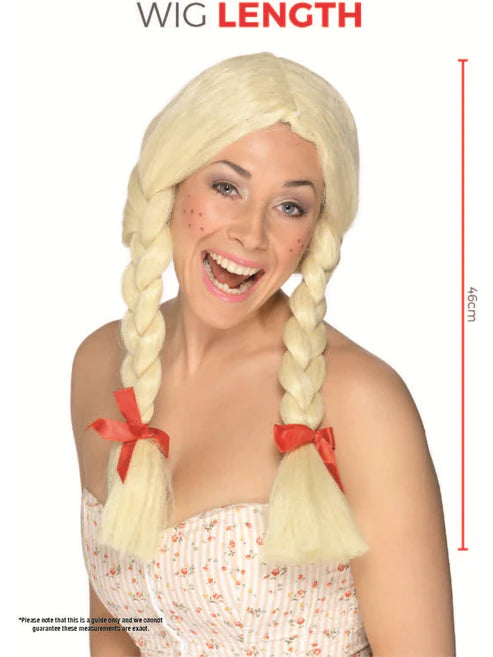 Schoolgirl Dutch Wig Blonde Plaits with Red Ribbons