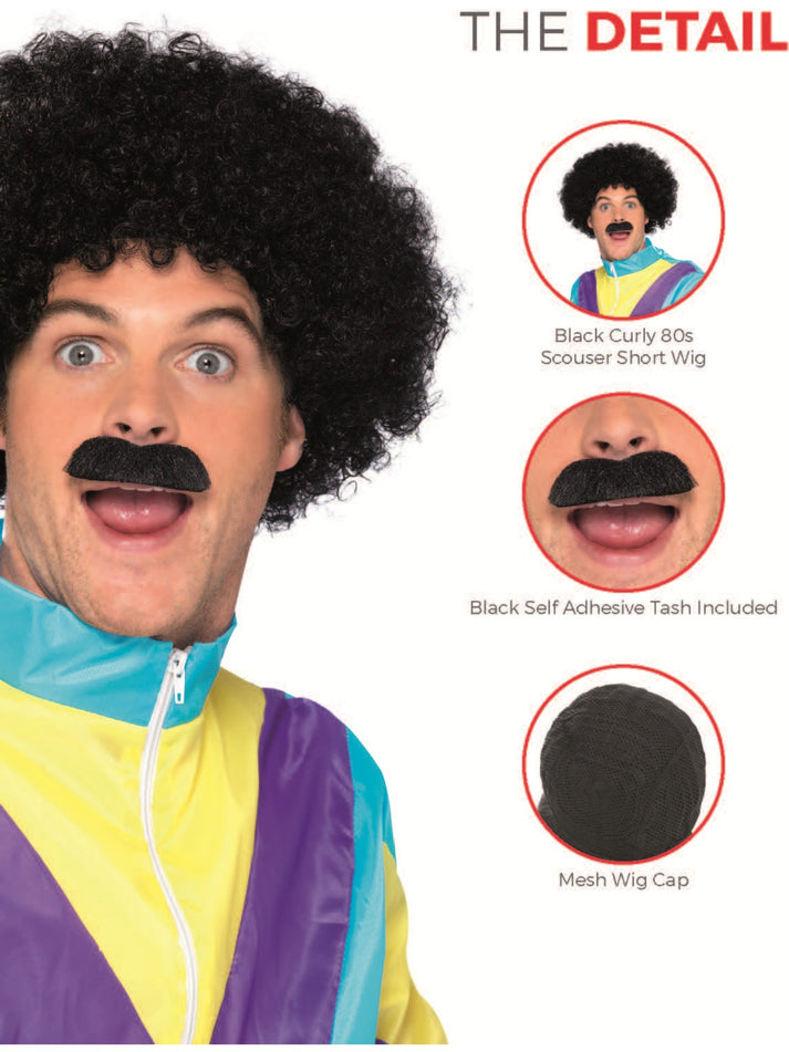 Scouser Set Black Curly Wig and Tash Adult 80s Instant Costume 3