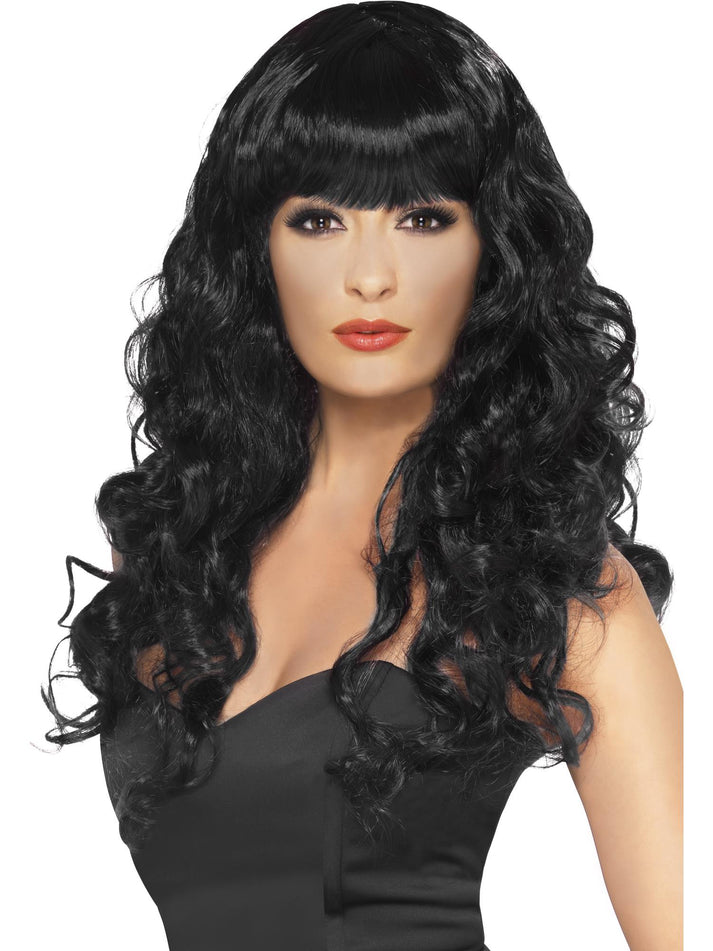 Siren Wig Long Curly Black with Fringe Adult Costume Hair 1