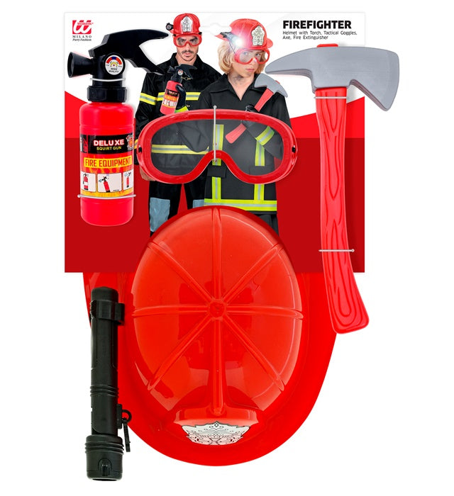 Firefighter Set  Helmet With Tactical Goggles &amp; Torch, Axe, Fire Extinguisher   