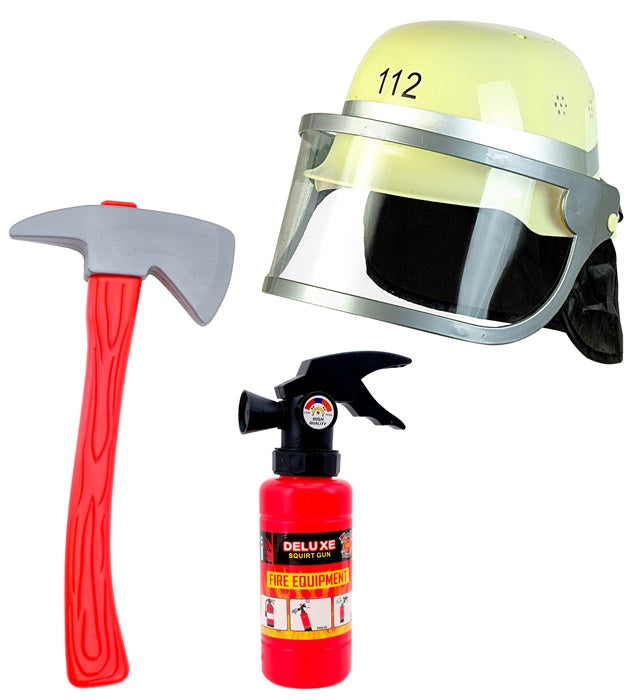 Firefighter Set  Helmet, Axe, Fire Extinguisher   