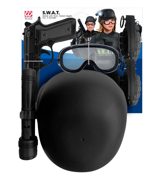 S.W.A.T. Set  Helmet With Tactical Goggles &amp; Torch, Gun, 2 Grenades   