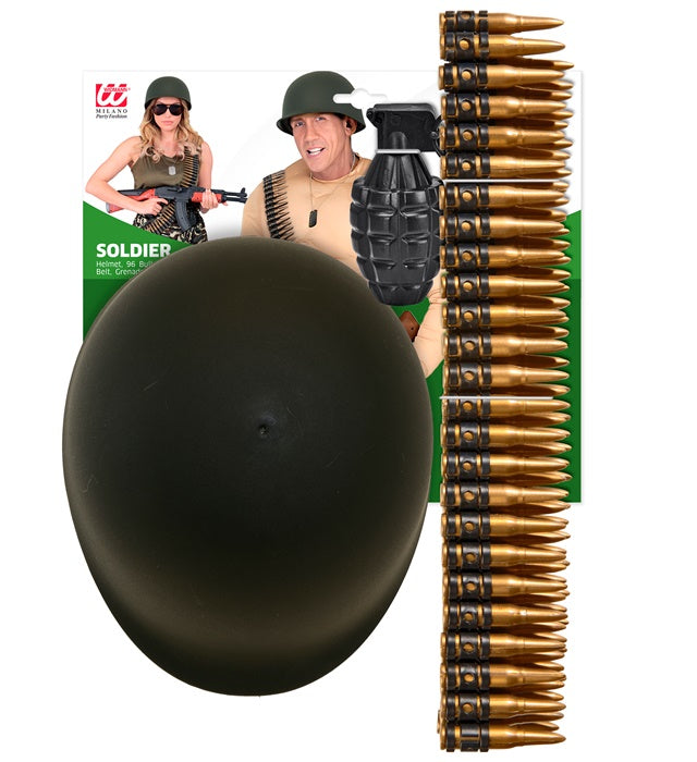 Military Set  Helmet, 96 Bullets Belt, Grenade   