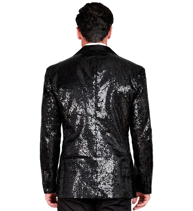 Party Fashion Jacket  Black Sequin Jacket With Satin Collar And Pockets 