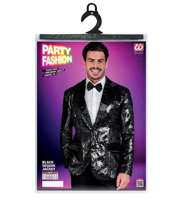 Party Fashion Jacket  Black Sequin Jacket With Satin Collar And Pockets 