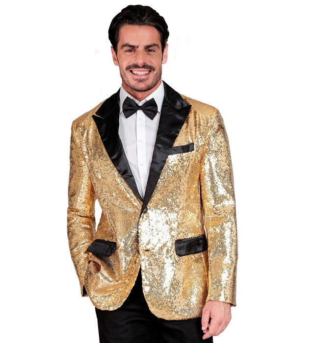 Party Fashion Jacket  Gold Sequin Jacket With Satin Collar And Pockets 