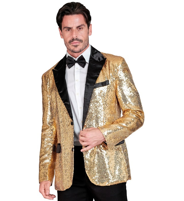 Party Fashion Jacket  Gold Sequin Jacket With Satin Collar And Pockets 