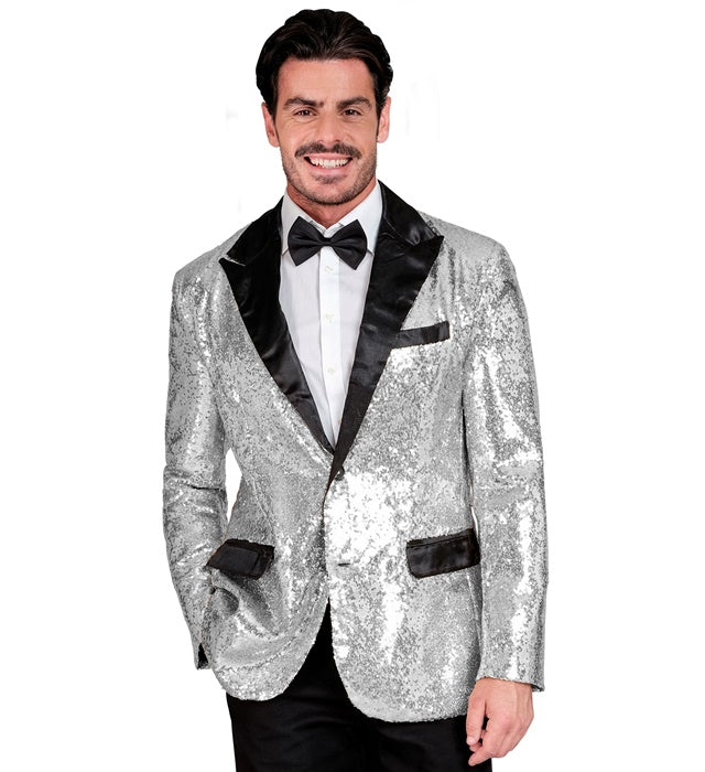 Party Fashion Jacket  Silver Sequin Jacket With Satin Collar And Pockets 