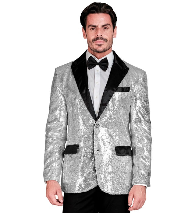 Party Fashion Jacket  Silver Sequin Jacket With Satin Collar And Pockets 