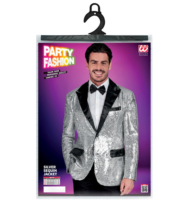 Party Fashion Jacket  Silver Sequin Jacket With Satin Collar And Pockets 