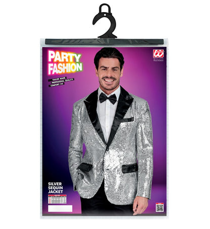 Party Fashion Jacket  Silver Sequin Jacket With Satin Collar And Pockets 