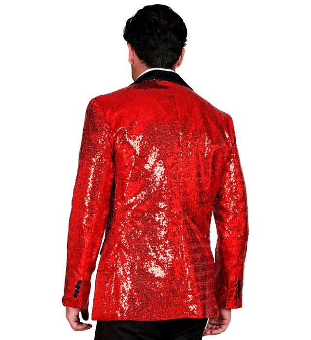 Party Fashion Jacket  Red Sequin Jacket With Satin Collar And Pockets 