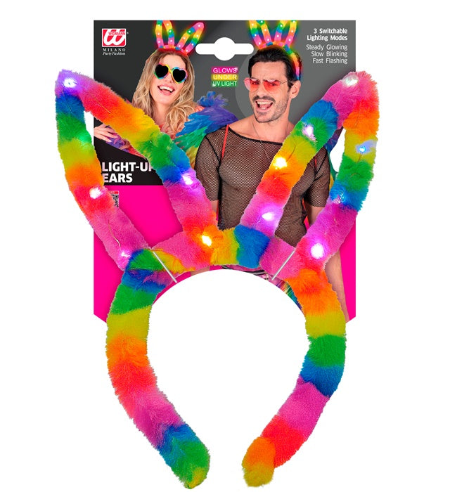 Light-Up Rainbow Bunny Ears With Steady, Slow &amp; Fast Flashing Light Modes