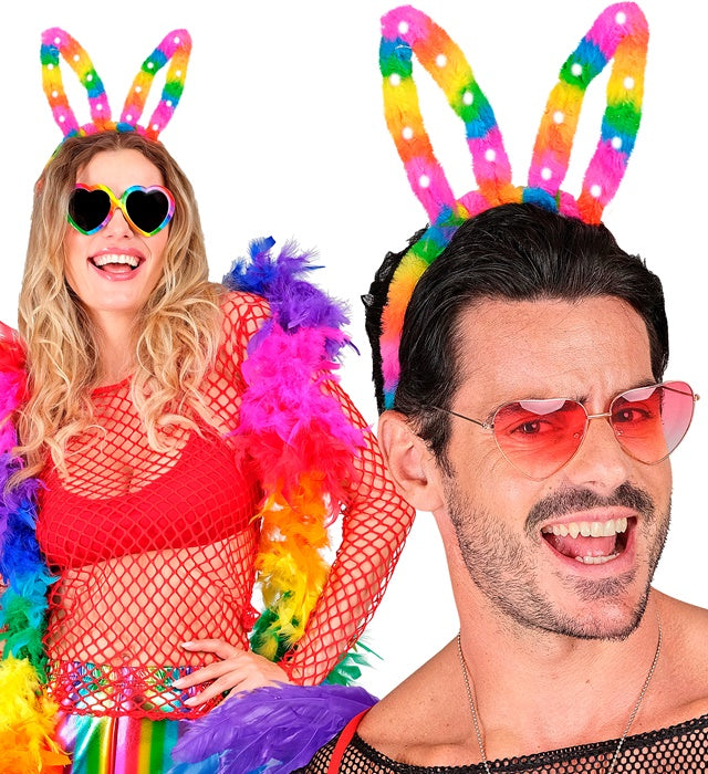 Light-Up Rainbow Bunny Ears With Steady, Slow &amp; Fast Flashing Light Modes