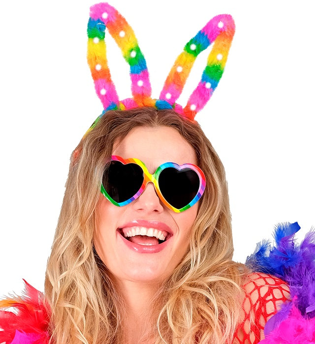 Light-Up Rainbow Bunny Ears With Steady, Slow &amp; Fast Flashing Light Modes