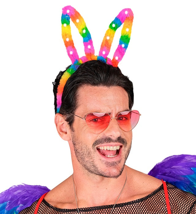 Light-Up Rainbow Bunny Ears With Steady, Slow &amp; Fast Flashing Light Modes