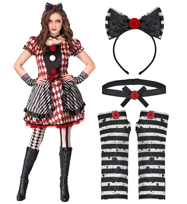 Harlequin Doll  Dress, Bow Headband, Choker, Glovelettes 