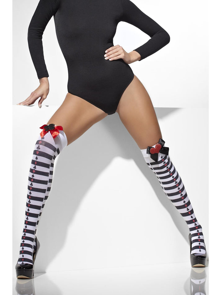 Opaque Hold Ups Black White Striped Red Black Bows Adult Fantasy Costume Accessory