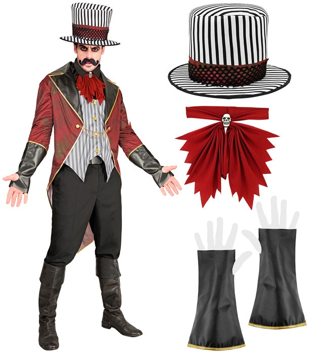 Sinister Ringmaster  Jacket With Vest, Skull Jabot, Gloves, Hat  